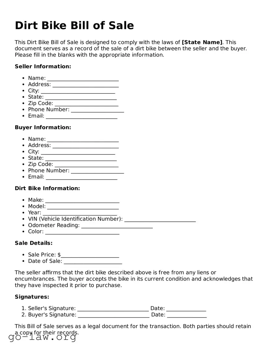 Blank Dirt Bike Bill of Sale Template