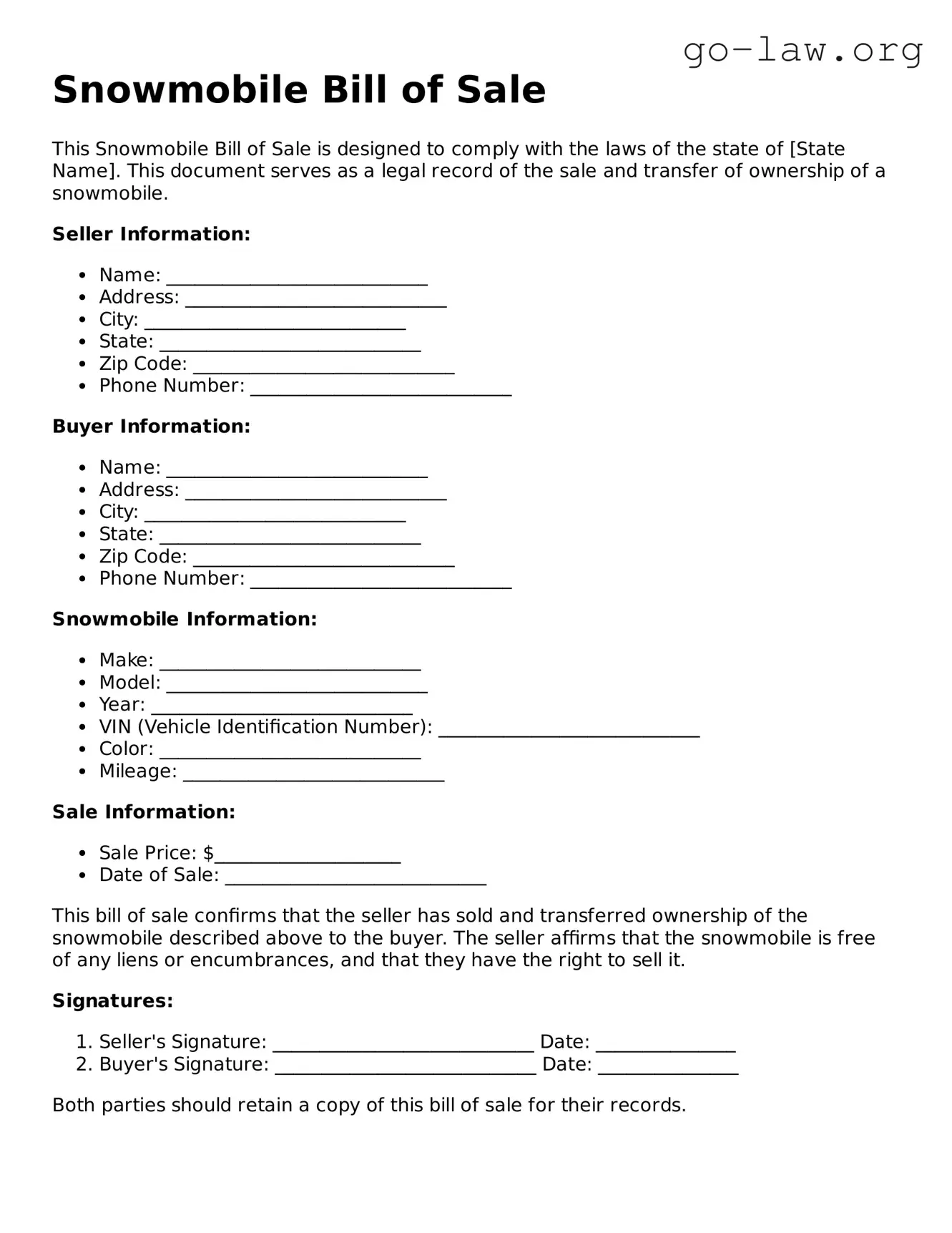 Blank Snowmobile Bill of Sale Template