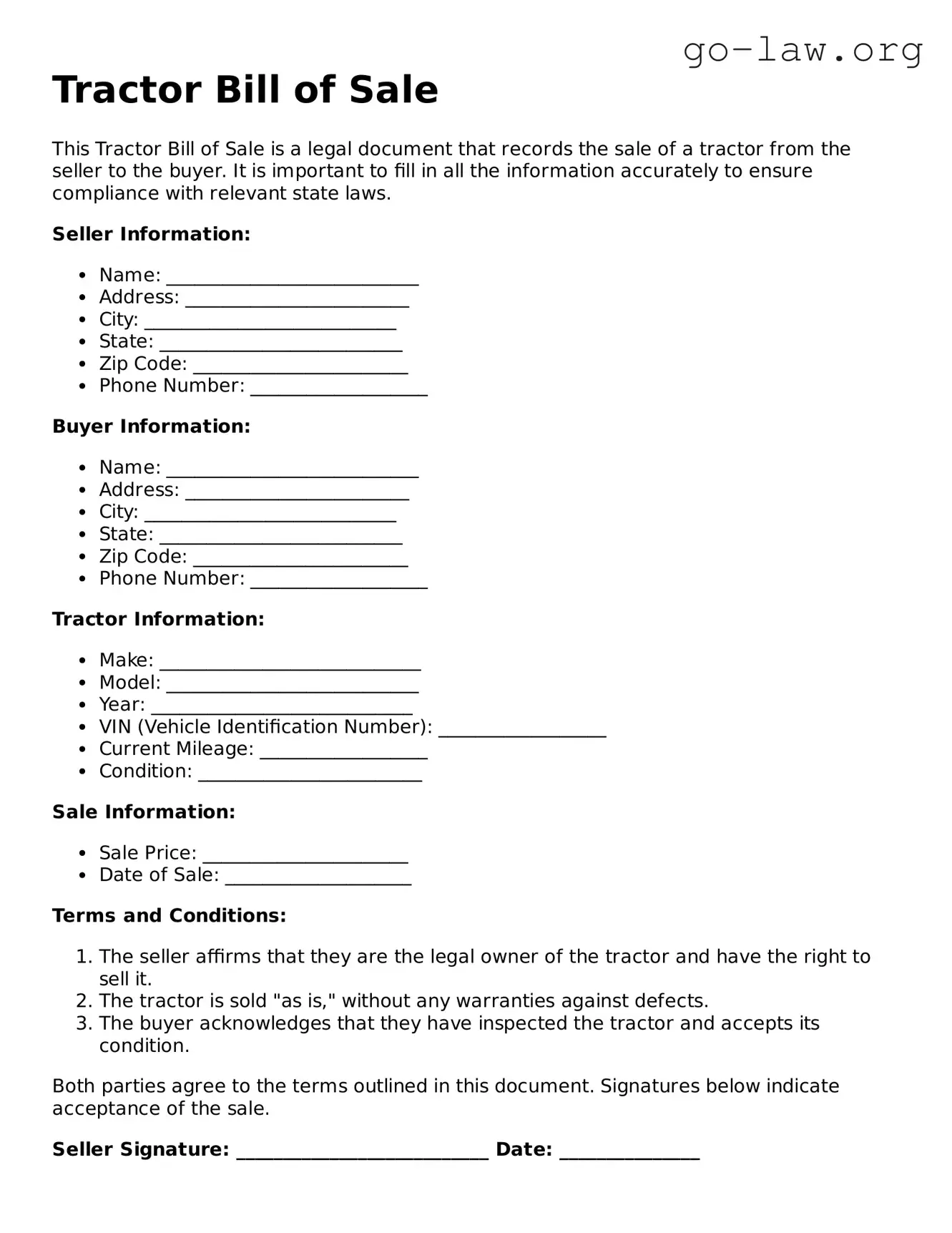 Blank Tractor Bill of Sale Template