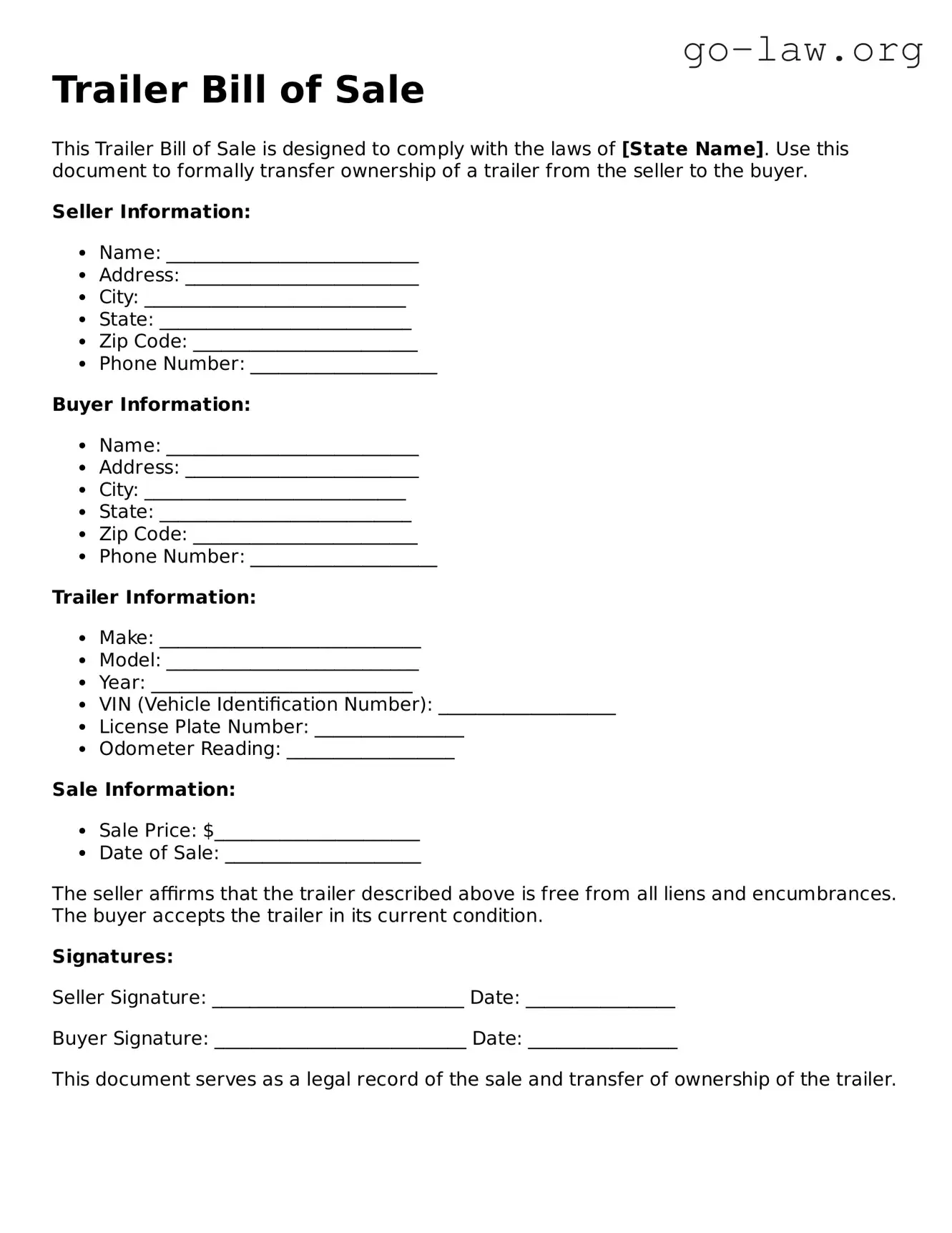 Blank Trailer Bill of Sale Template