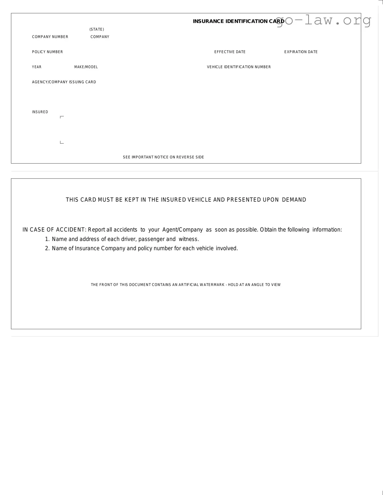Download Auto Insurance Card Form in PDF