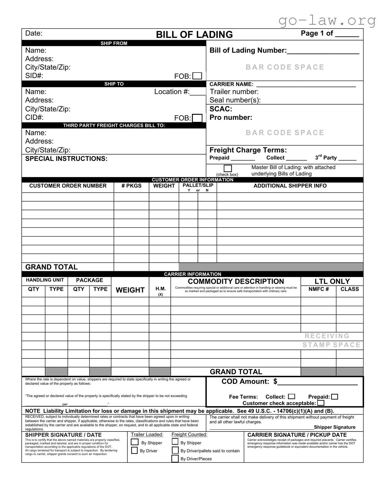 Download Bill of Lading with a Supplement Form in PDF
