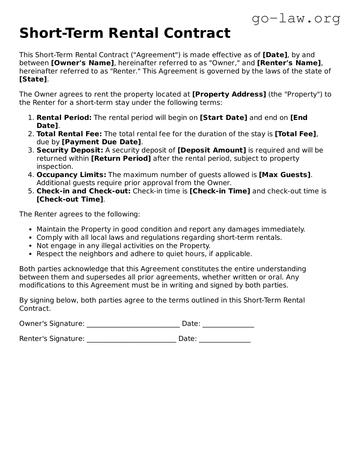 Blank Short-Term Rental Contract Template