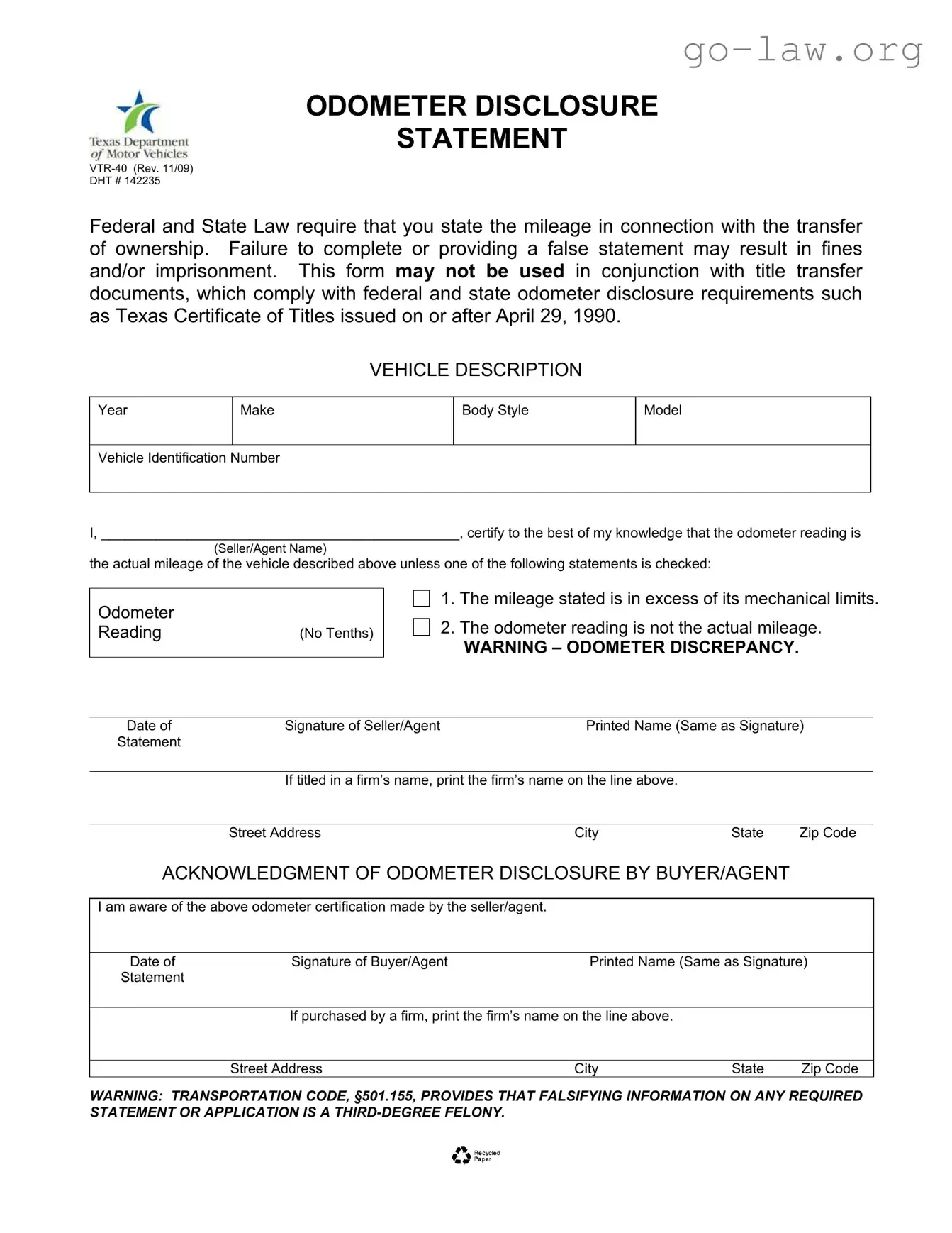 Download Texas Odometer Statement Form in PDF