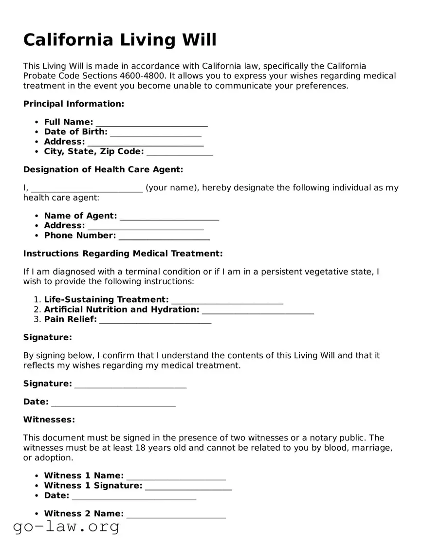 Fillable California Living Will Form