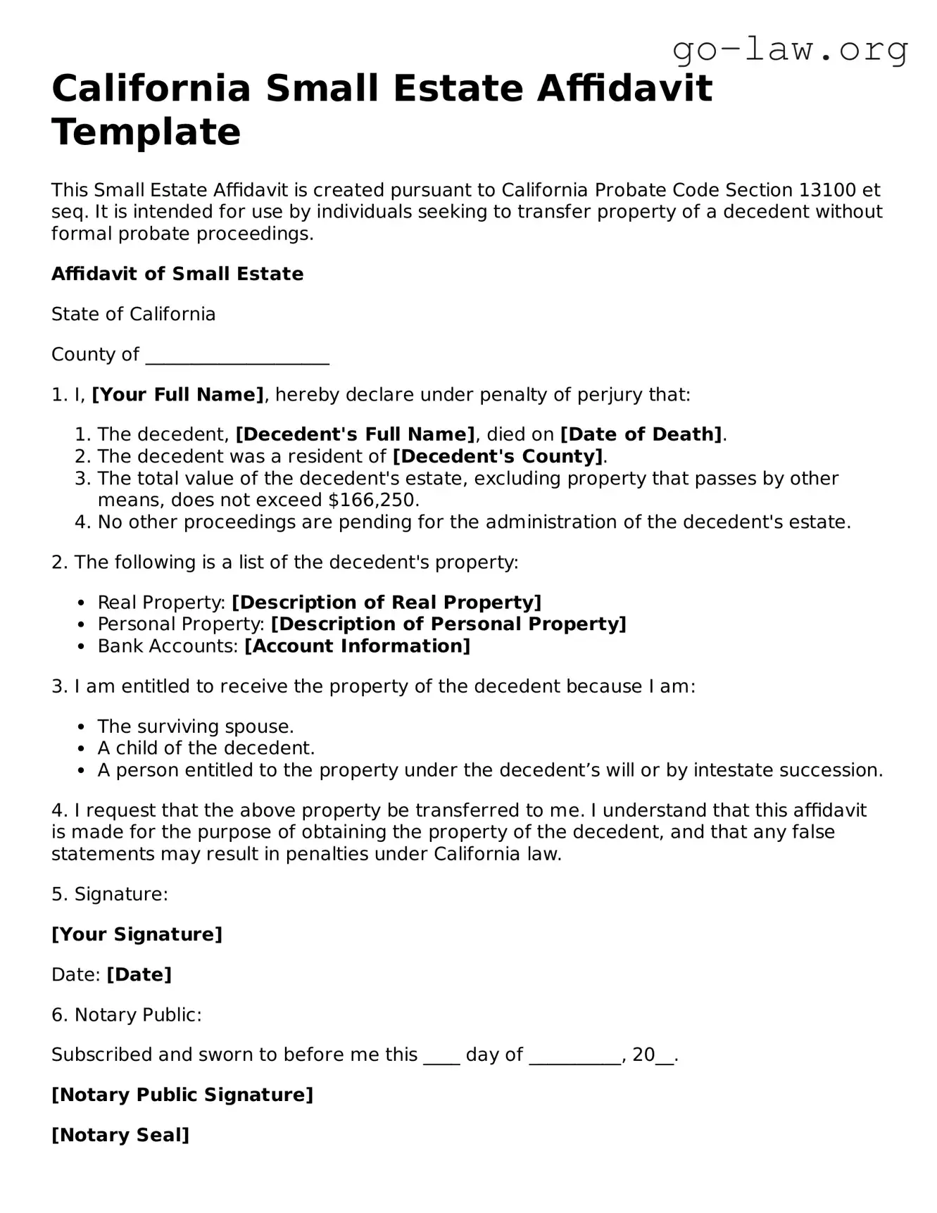 Fillable California Small Estate Affidavit Form