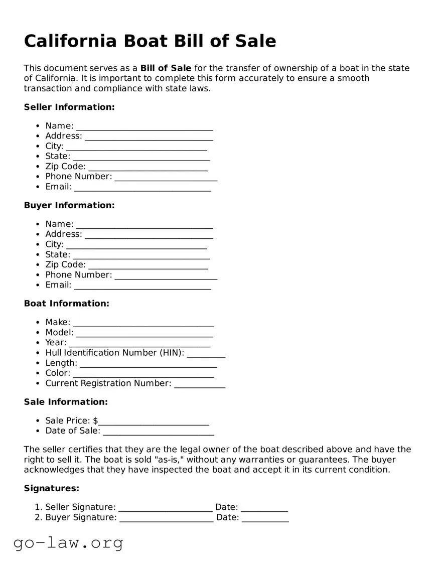 Fillable California Boat Bill of Sale Form