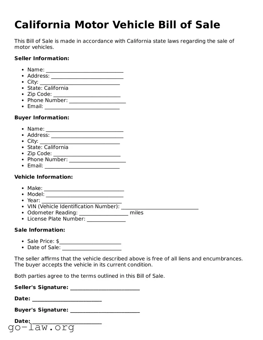 Fillable California Motor Vehicle Bill of Sale Form