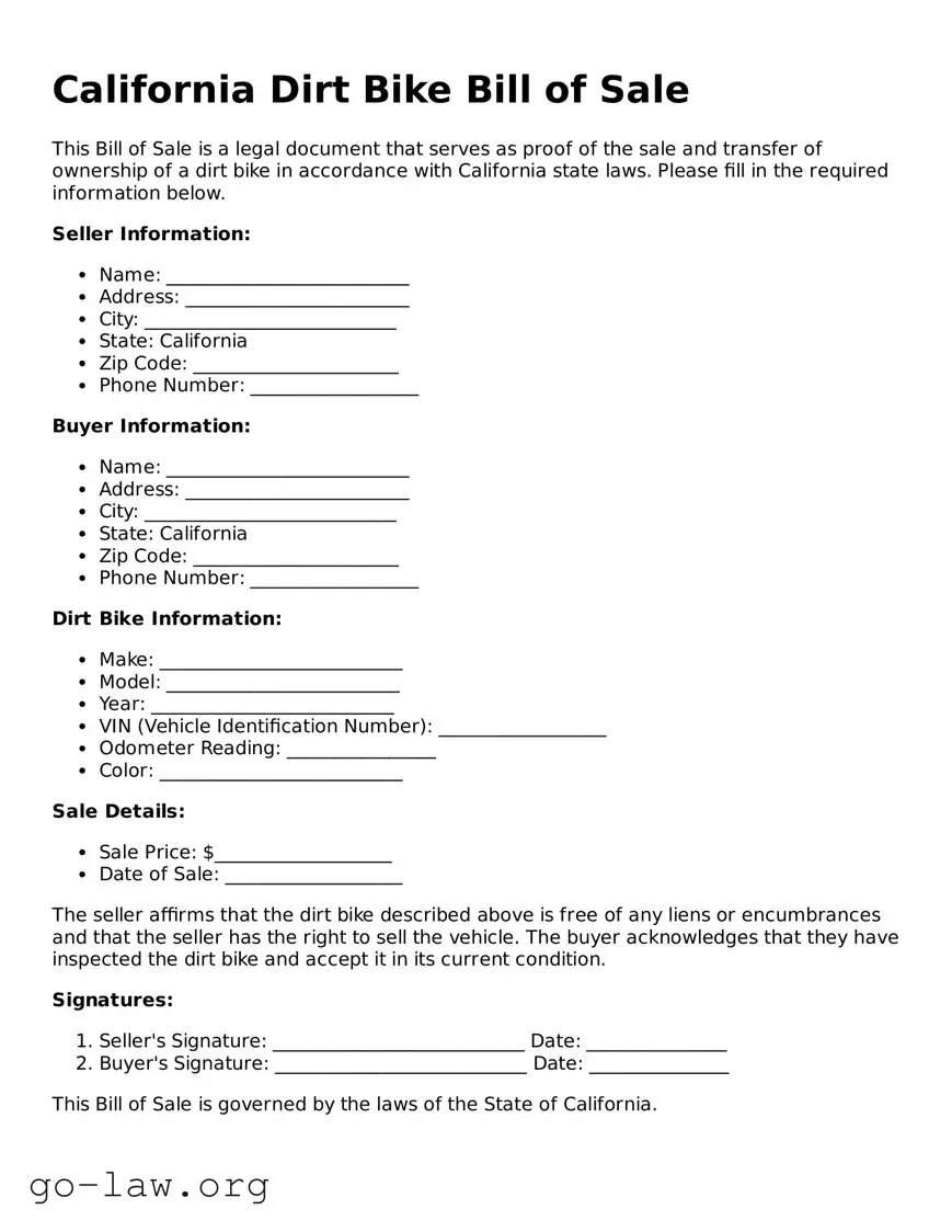 Fillable California Dirt Bike Bill of Sale Form