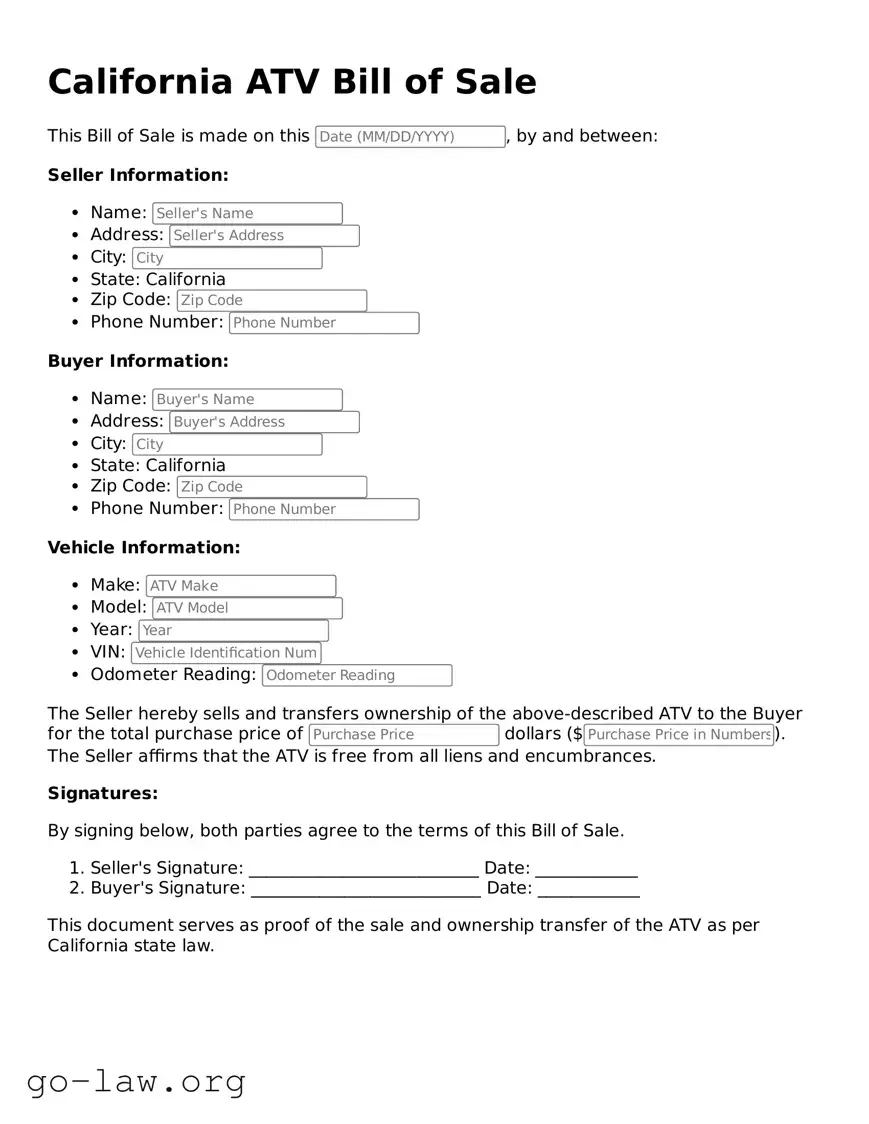 Fillable California ATV Bill of Sale Form