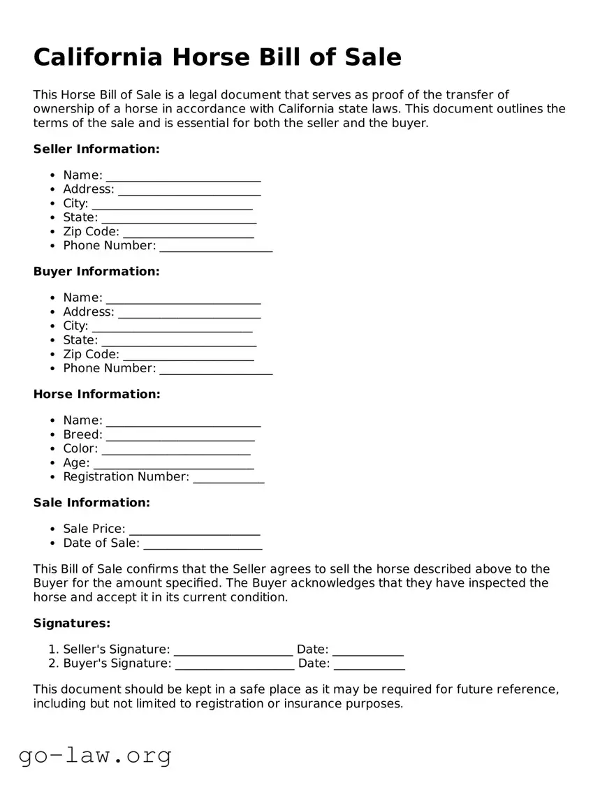 Fillable California Horse Bill of Sale Form