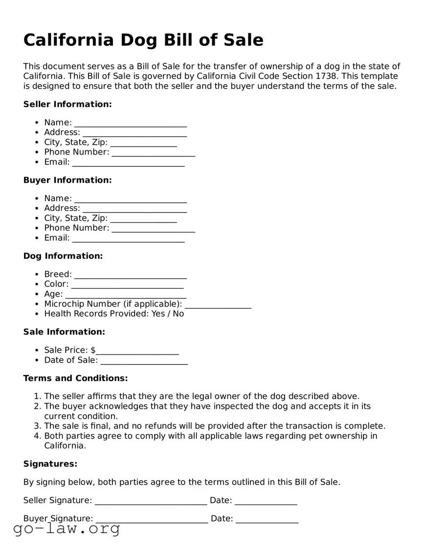 Fillable California Dog Bill of Sale Form
