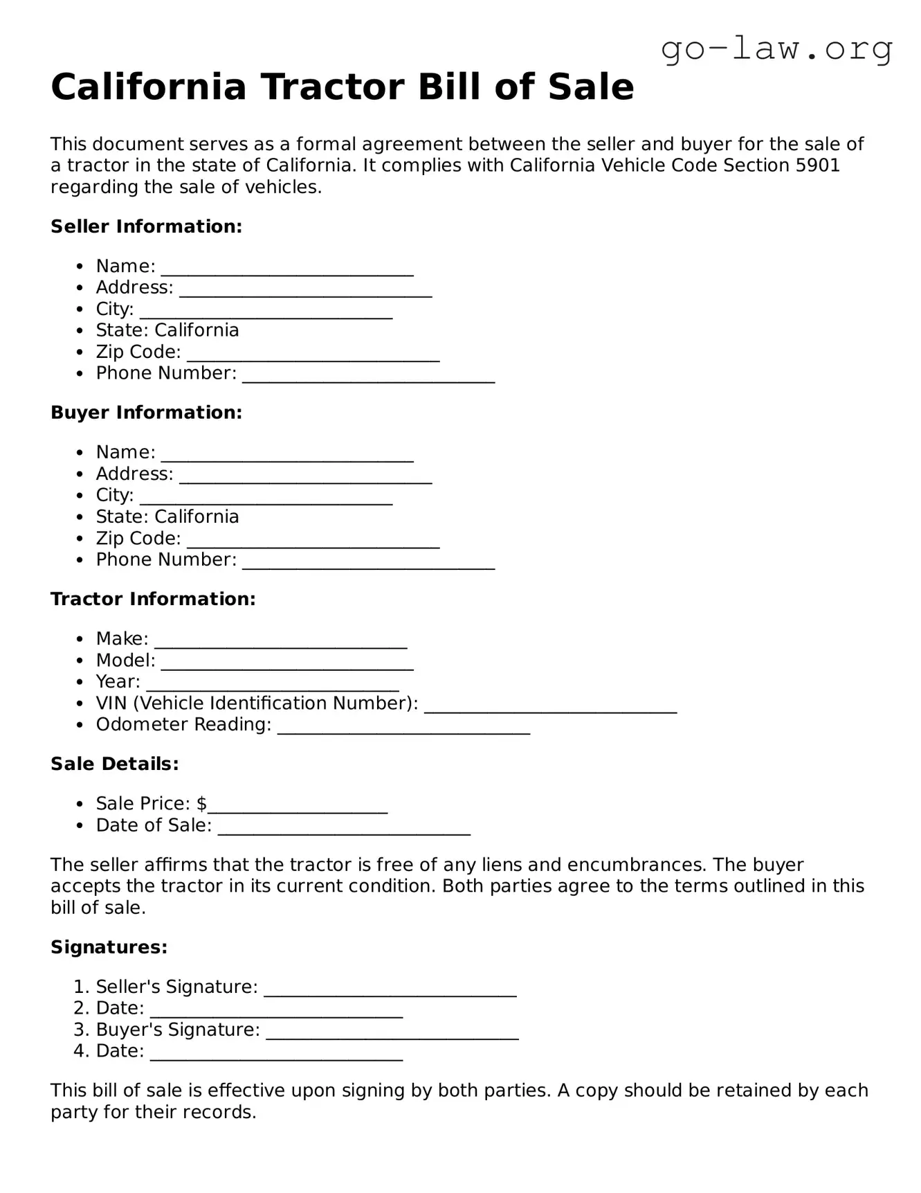 Fillable California Tractor Bill of Sale Form