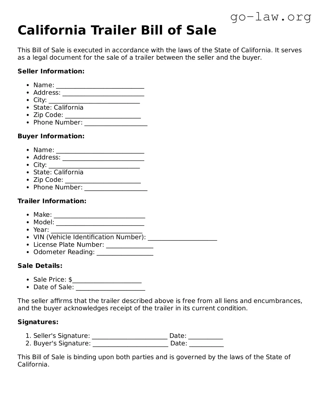 Fillable California Trailer Bill of Sale Form