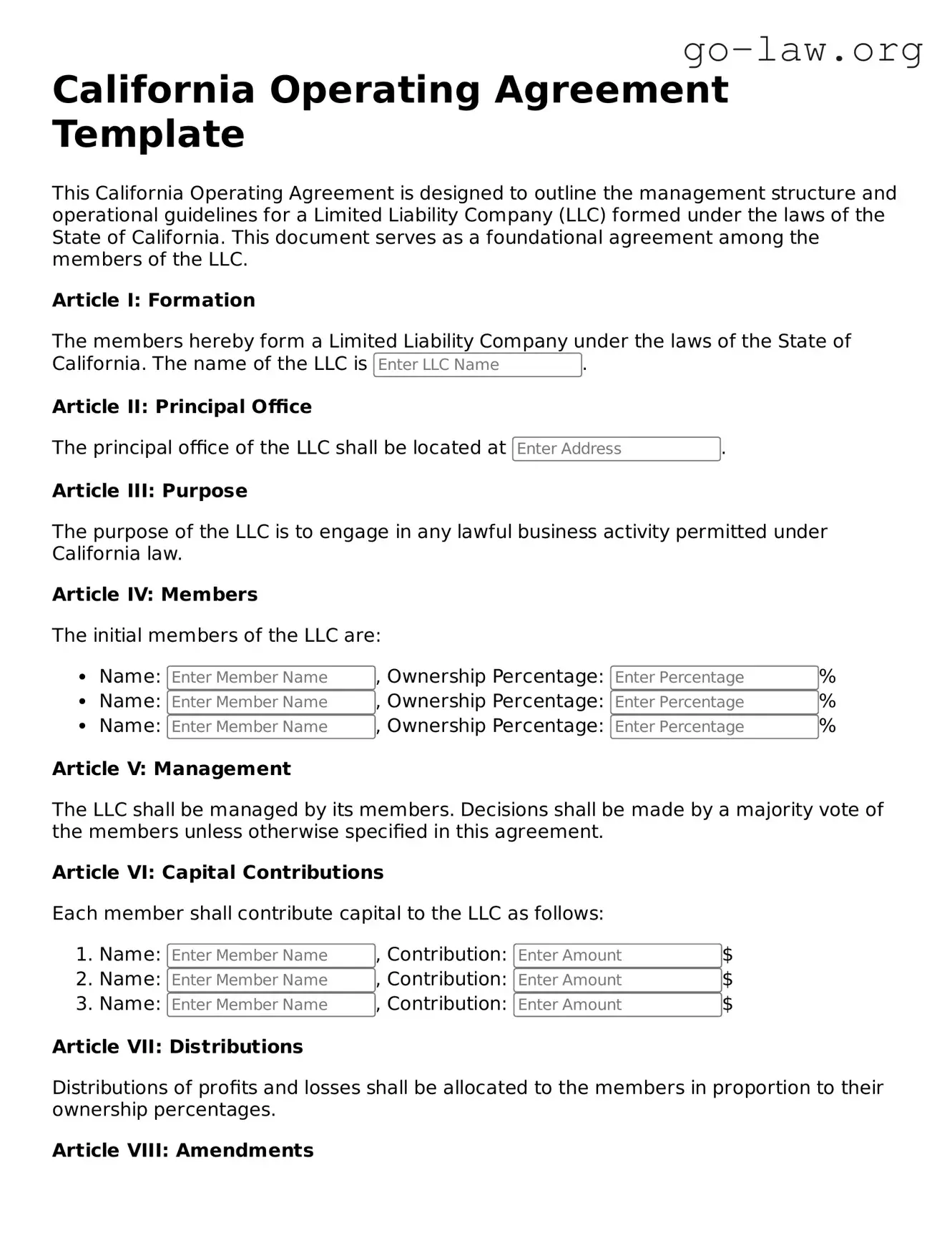 Fillable California Operating Agreement Form