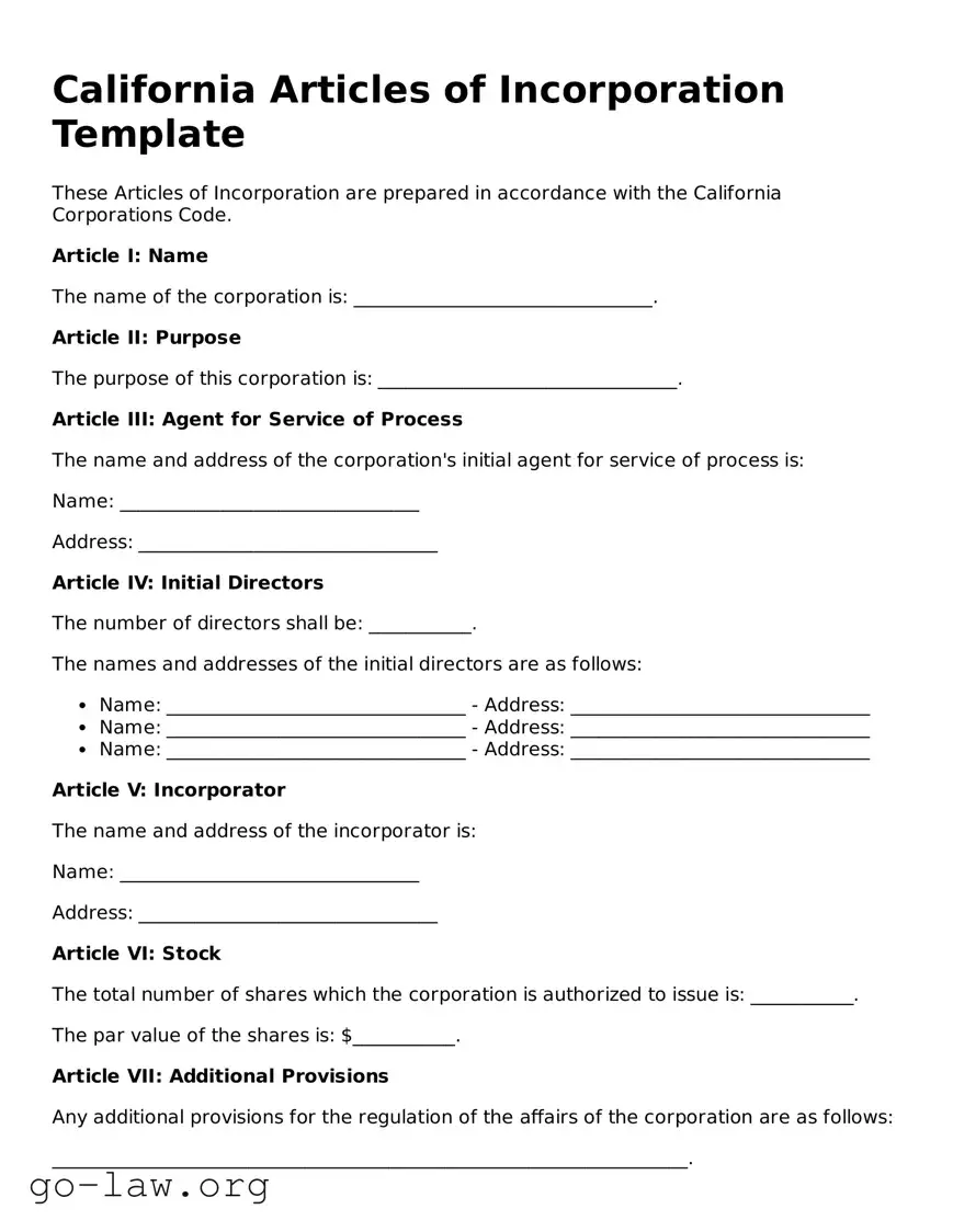 Fillable California Articles of Incorporation Form