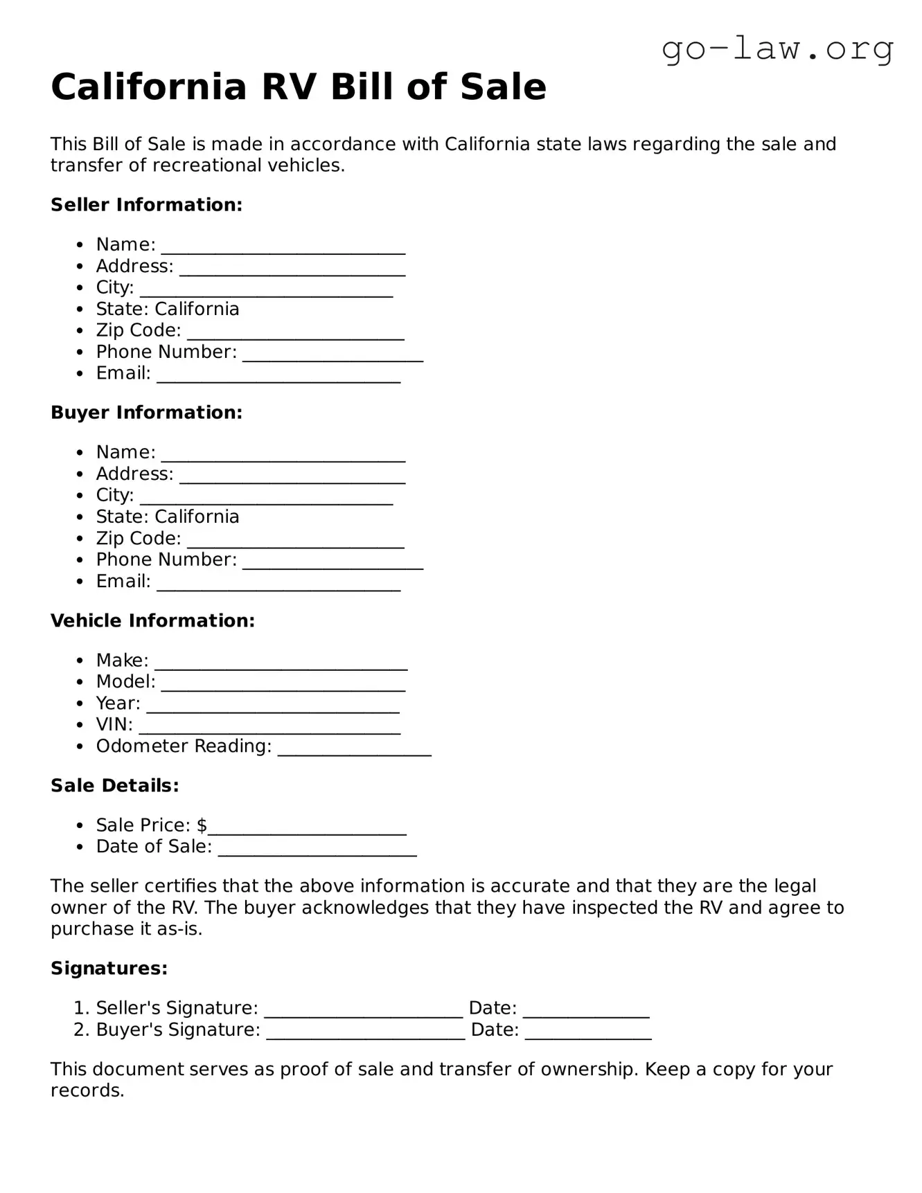 Fillable California RV Bill of Sale Form