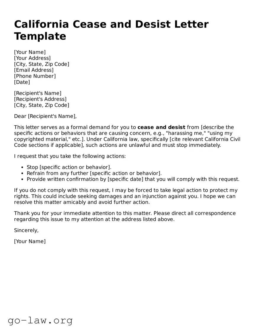 Fillable California Cease and Desist Letter Form