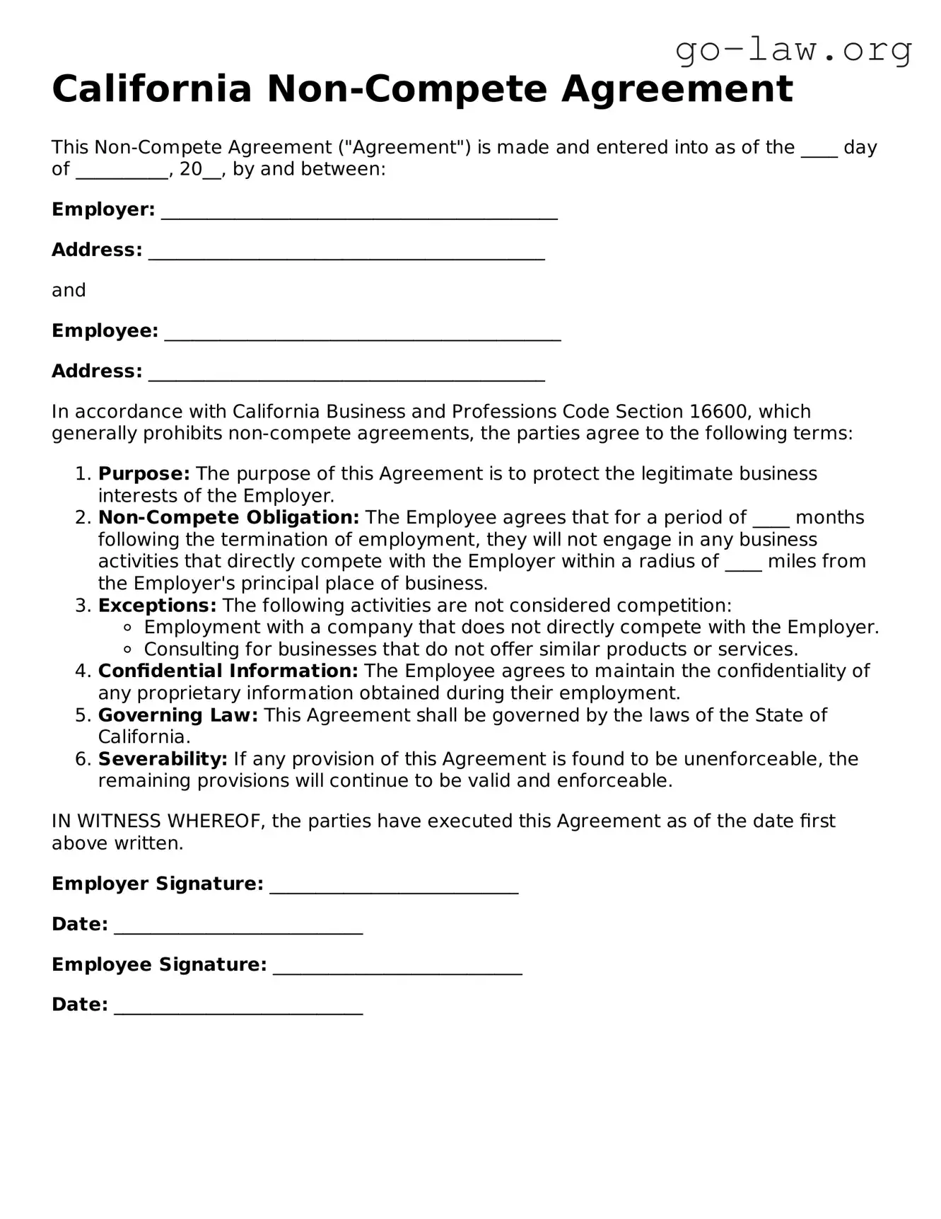 Fillable California Non-compete Agreement Form