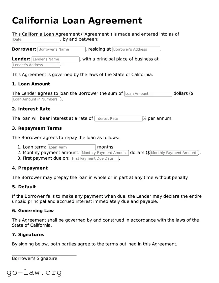 Fillable California Loan Agreement Form