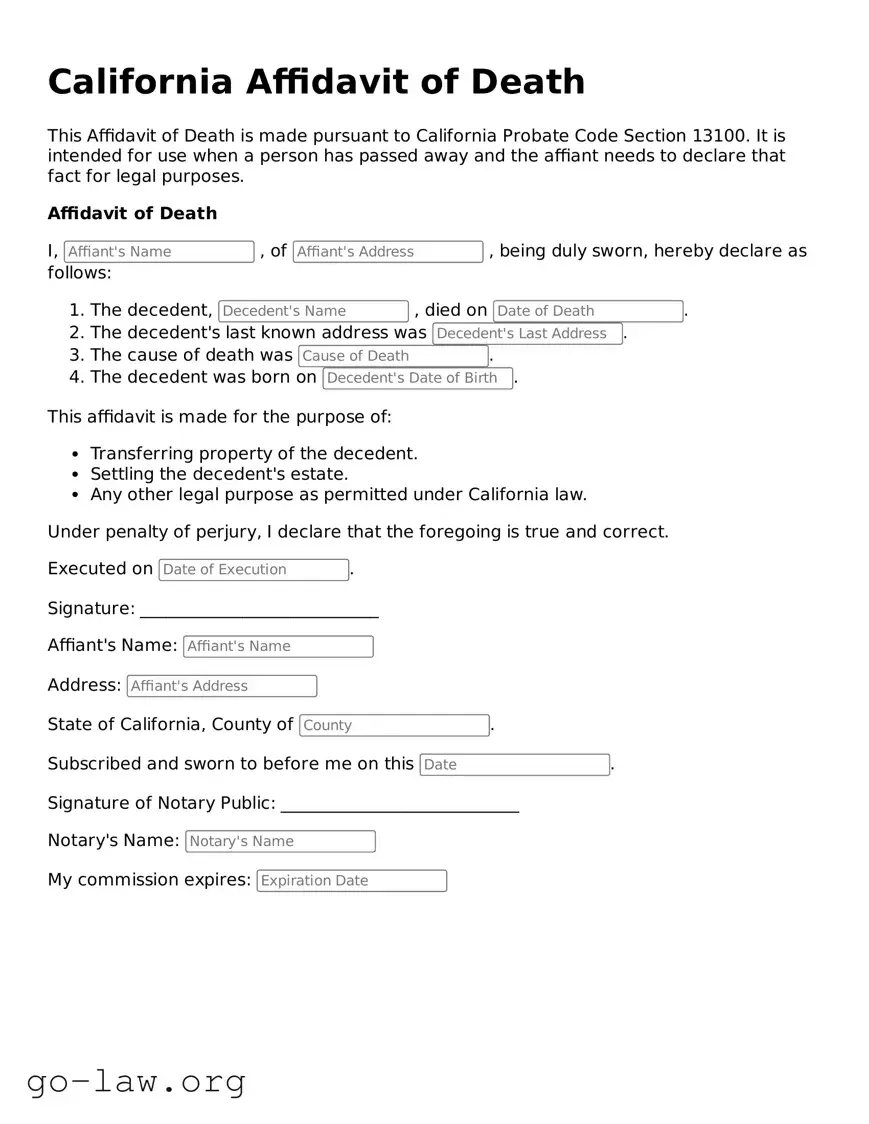 Fillable California Affidavit of Death Form