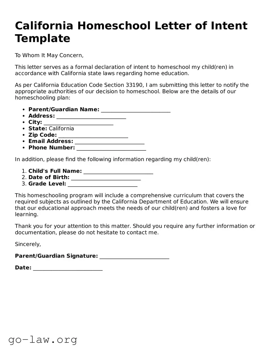 Fillable California Homeschool Letter of Intent Form