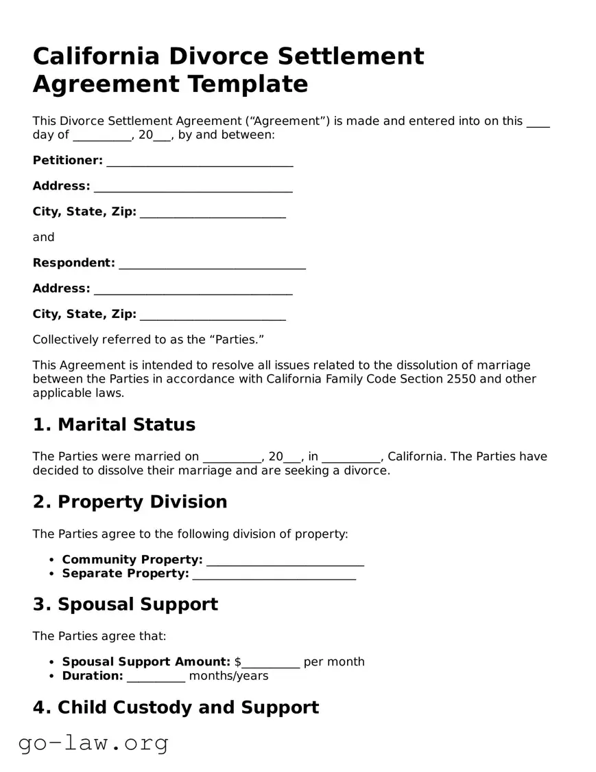 Fillable California Divorce Settlement Agreement Form