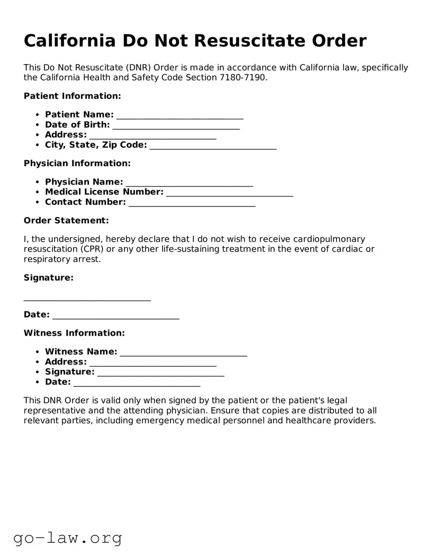 Fillable California Do Not Resuscitate Order Form