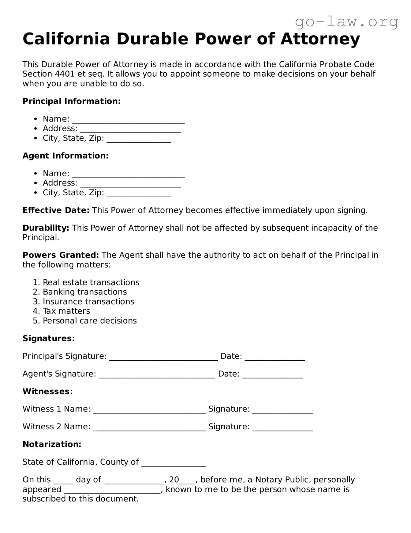 Fillable California Durable Power of Attorney Form