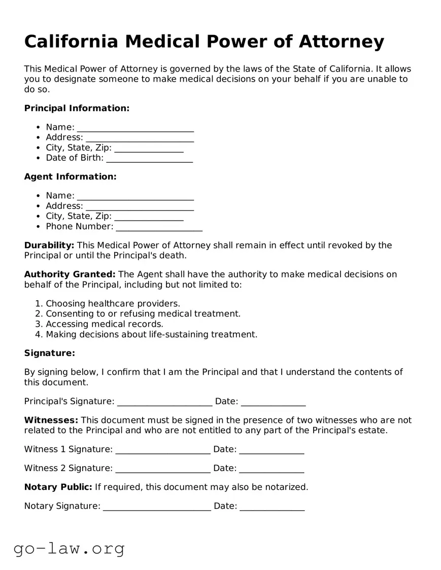 Fillable California Medical Power of Attorney Form