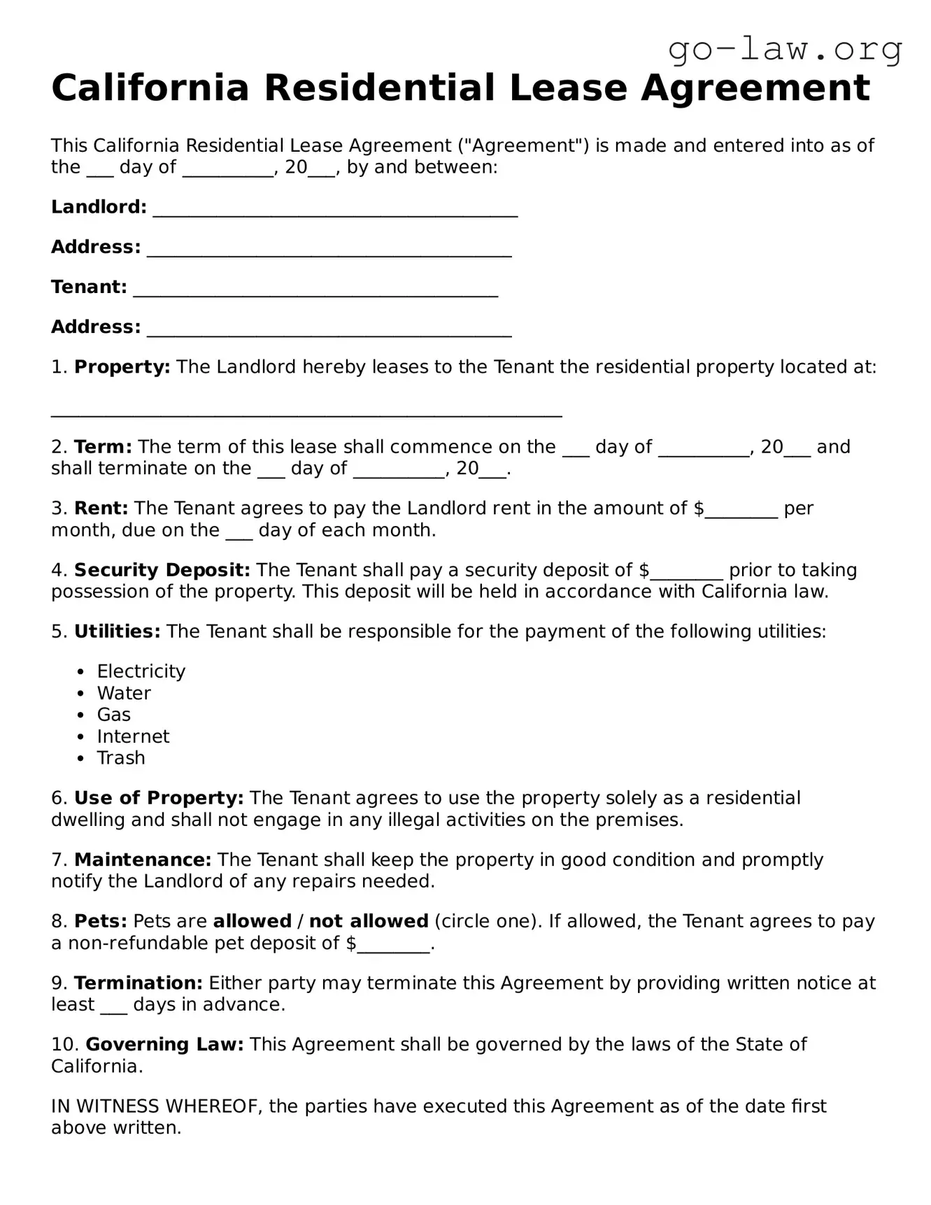Fillable California Residential Lease Agreement Form