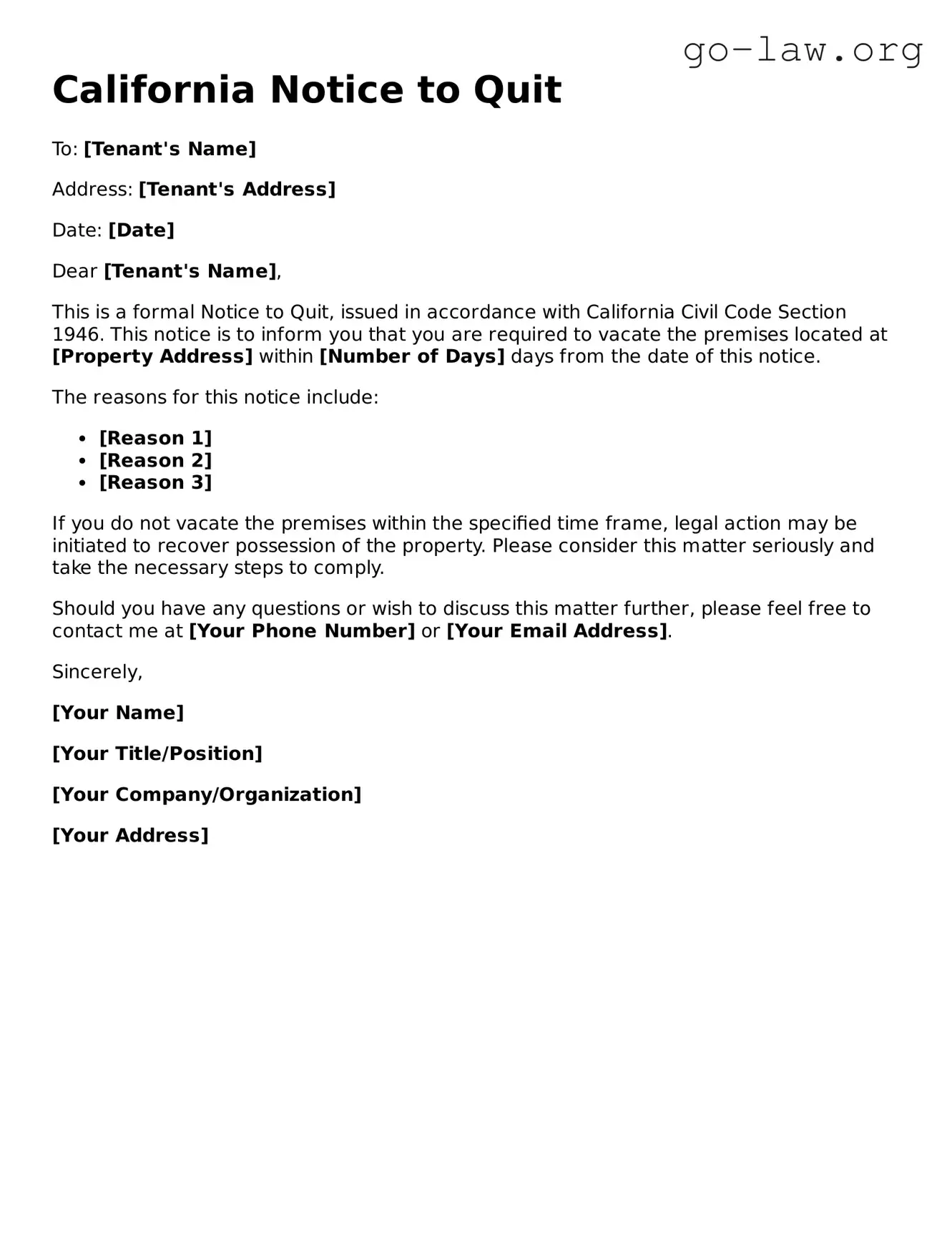 Fillable California Notice to Quit Form