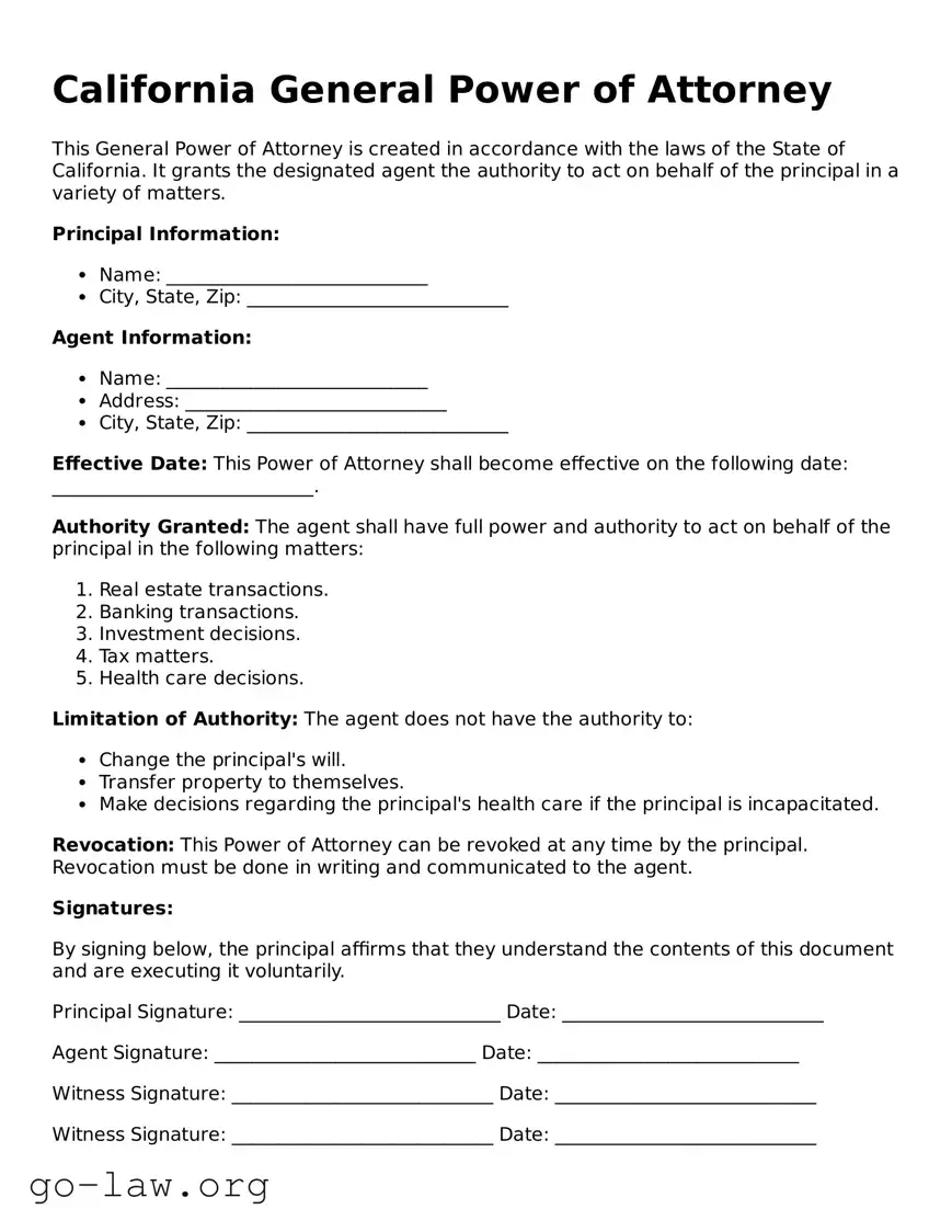 Fillable California General Power of Attorney Form