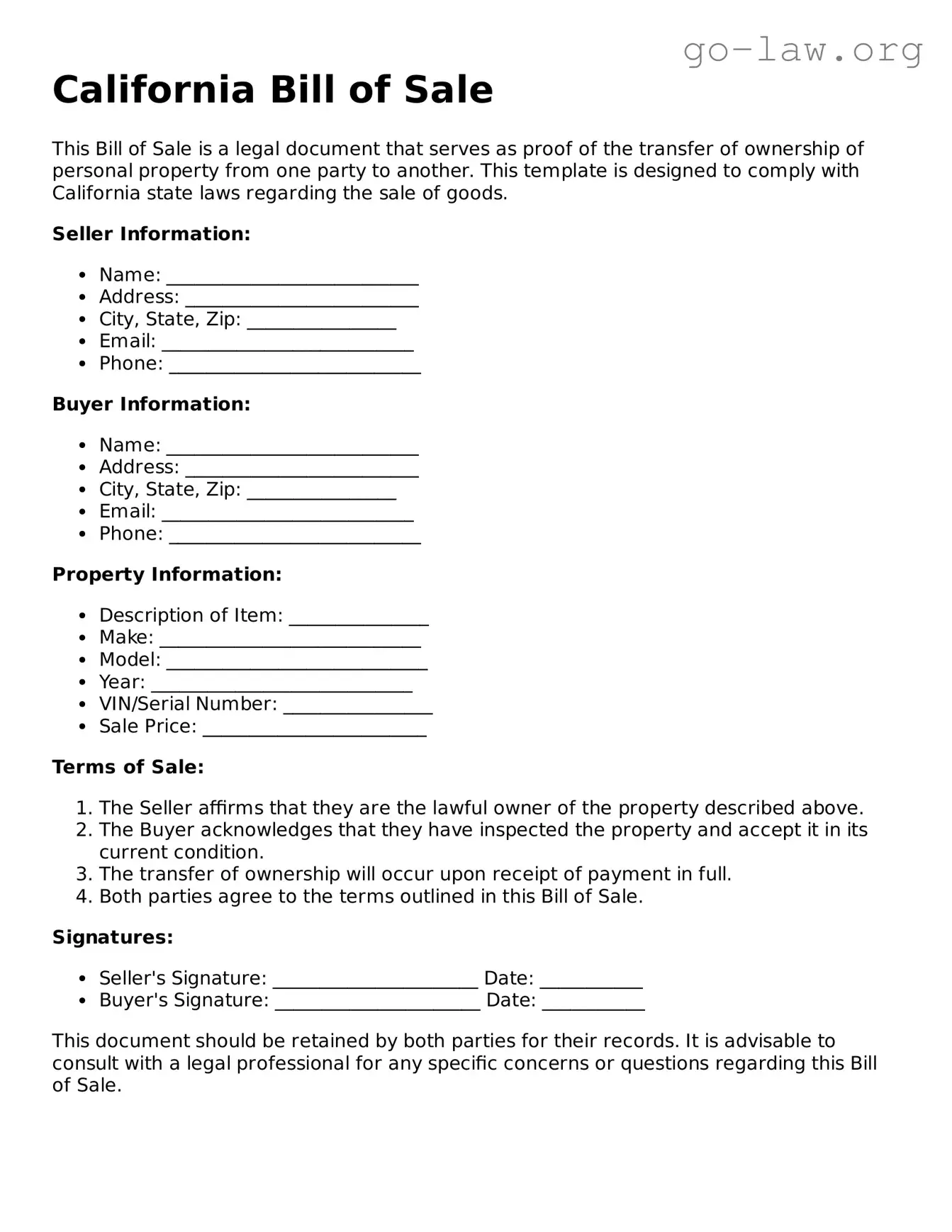 Fillable California Bill of Sale Form