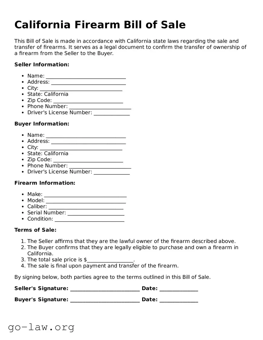 Fillable California Firearm Bill of Sale Form