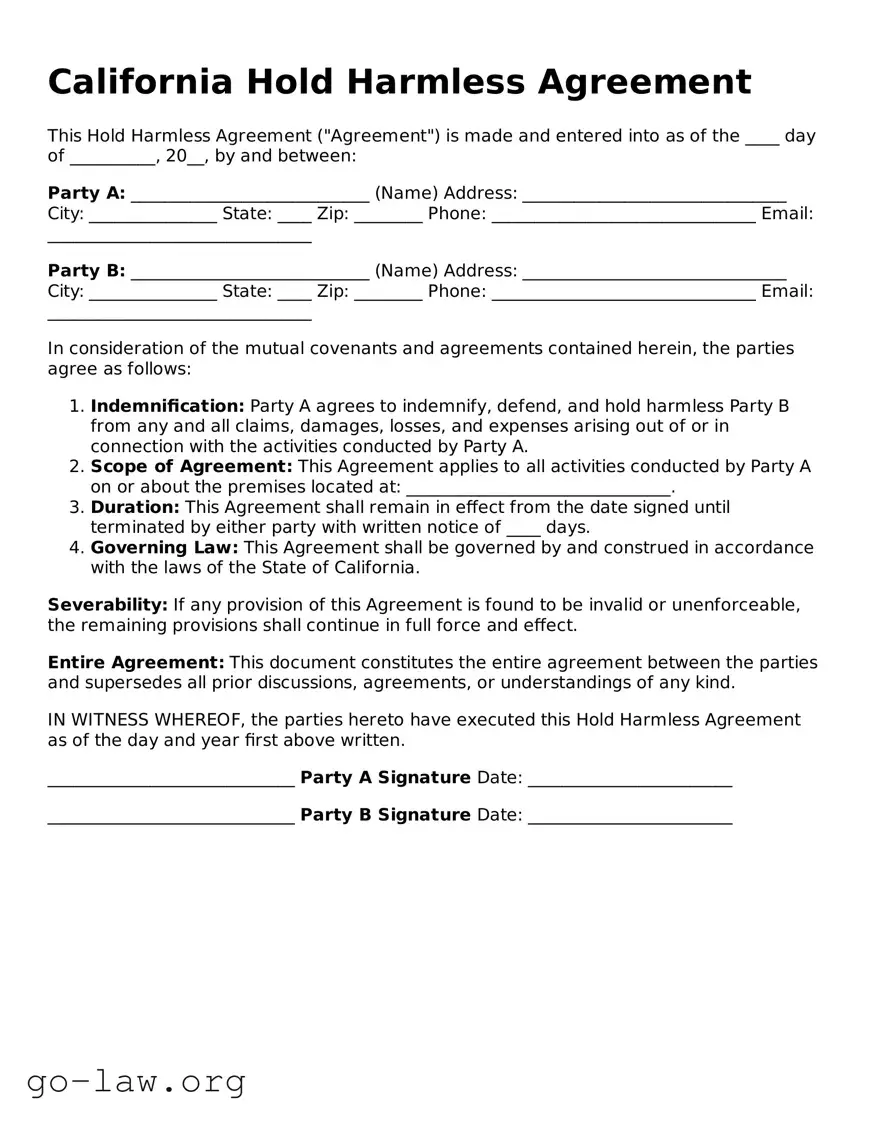 Fillable California Hold Harmless Agreement Form