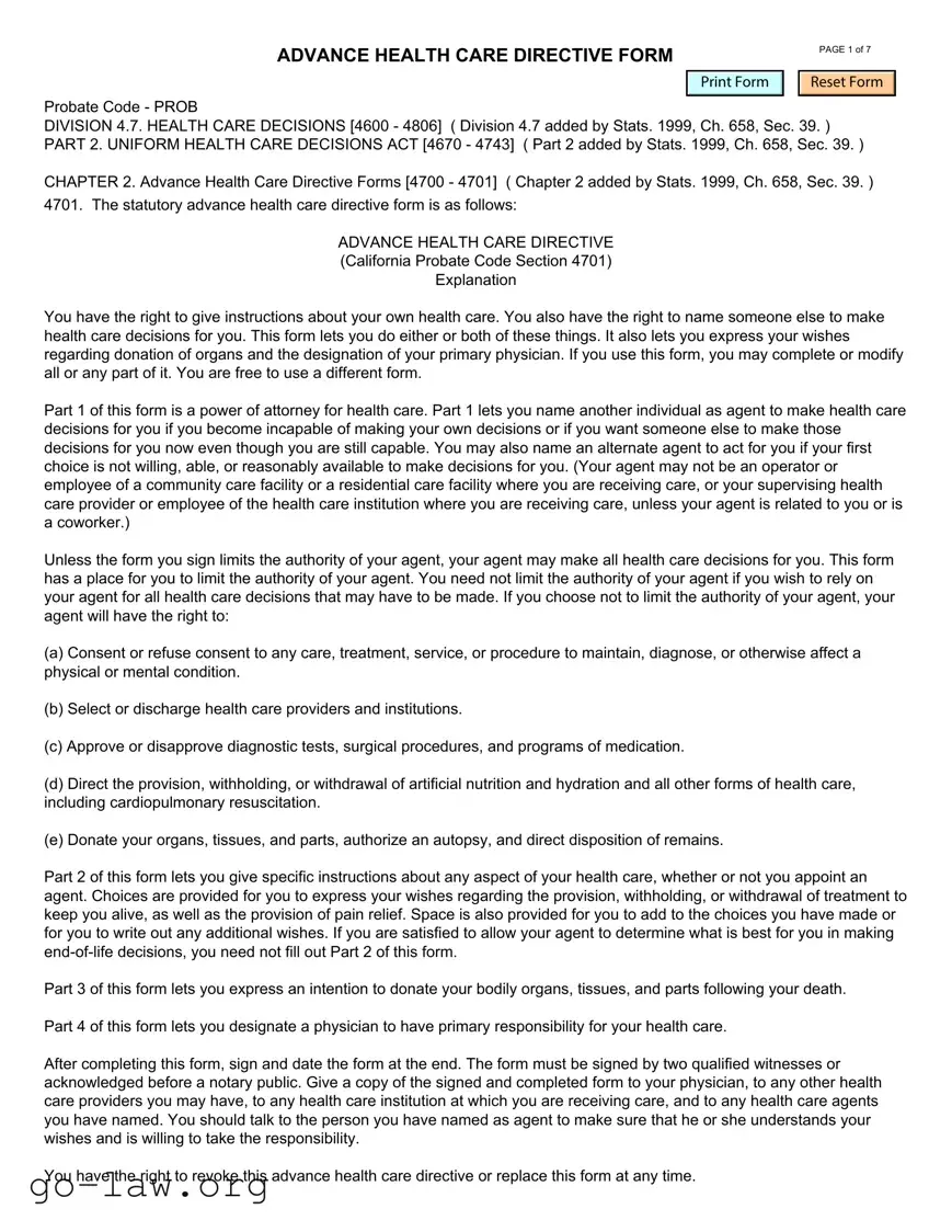 Download California Advanced Health Care Directive Form in PDF