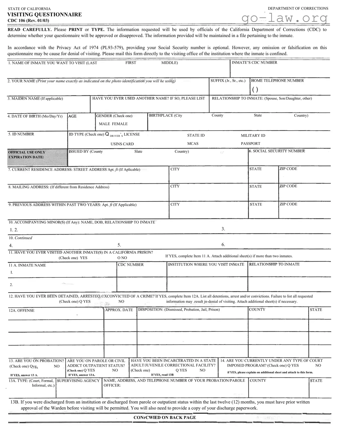 Download Visiting Questionnaire Form in PDF