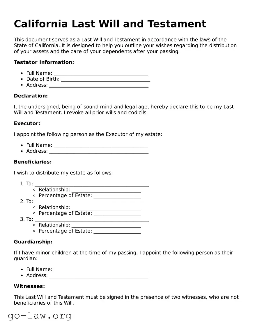 Fillable California Last Will and Testament Form