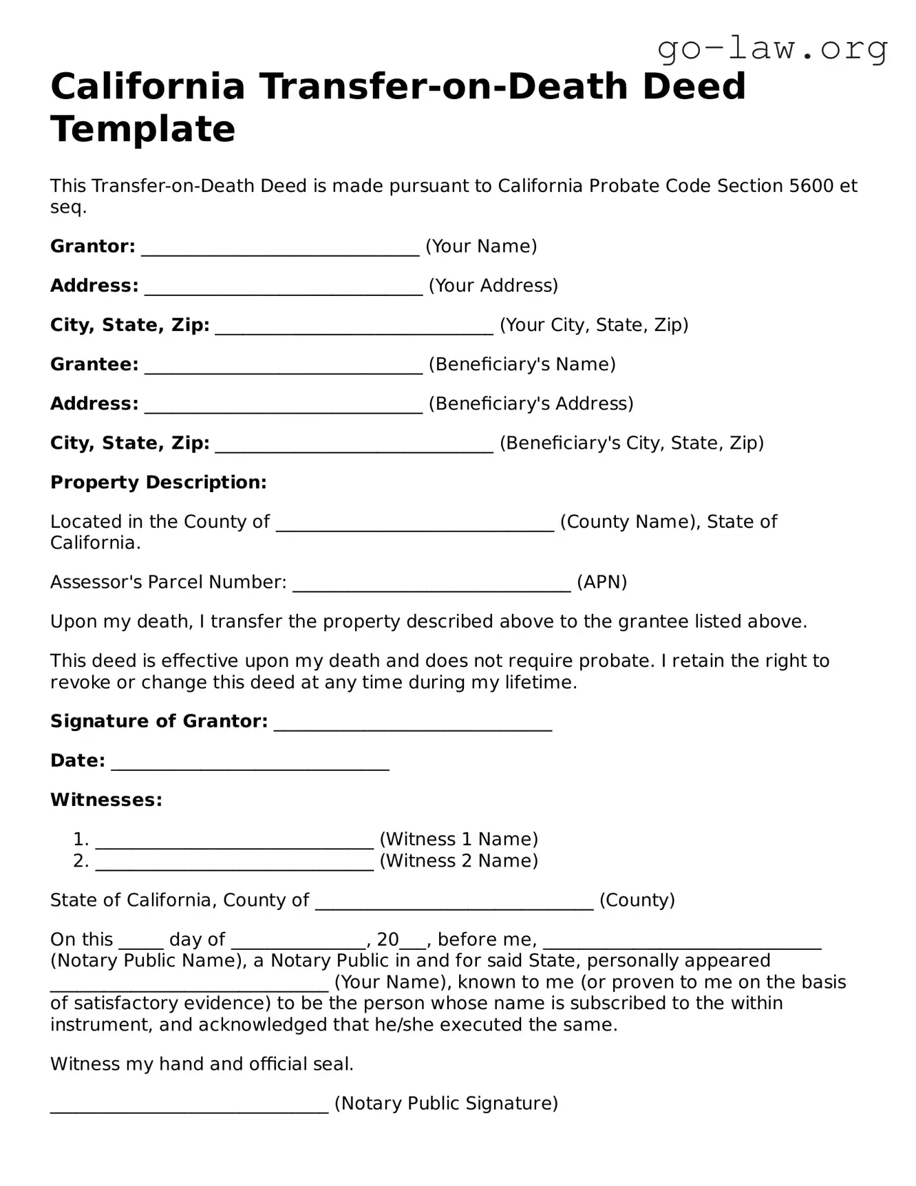Fillable California Transfer-on-Death Deed Form
