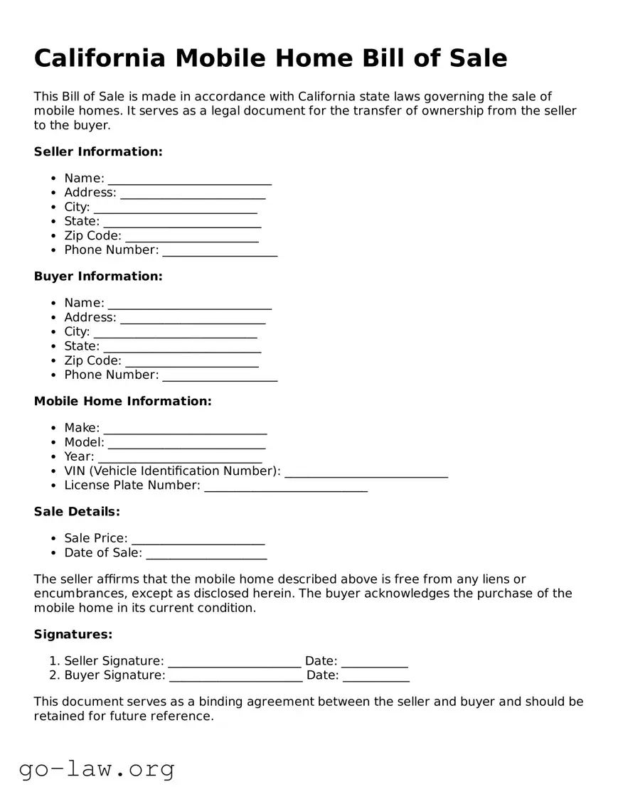 Fillable California Mobile Home Bill of Sale Form