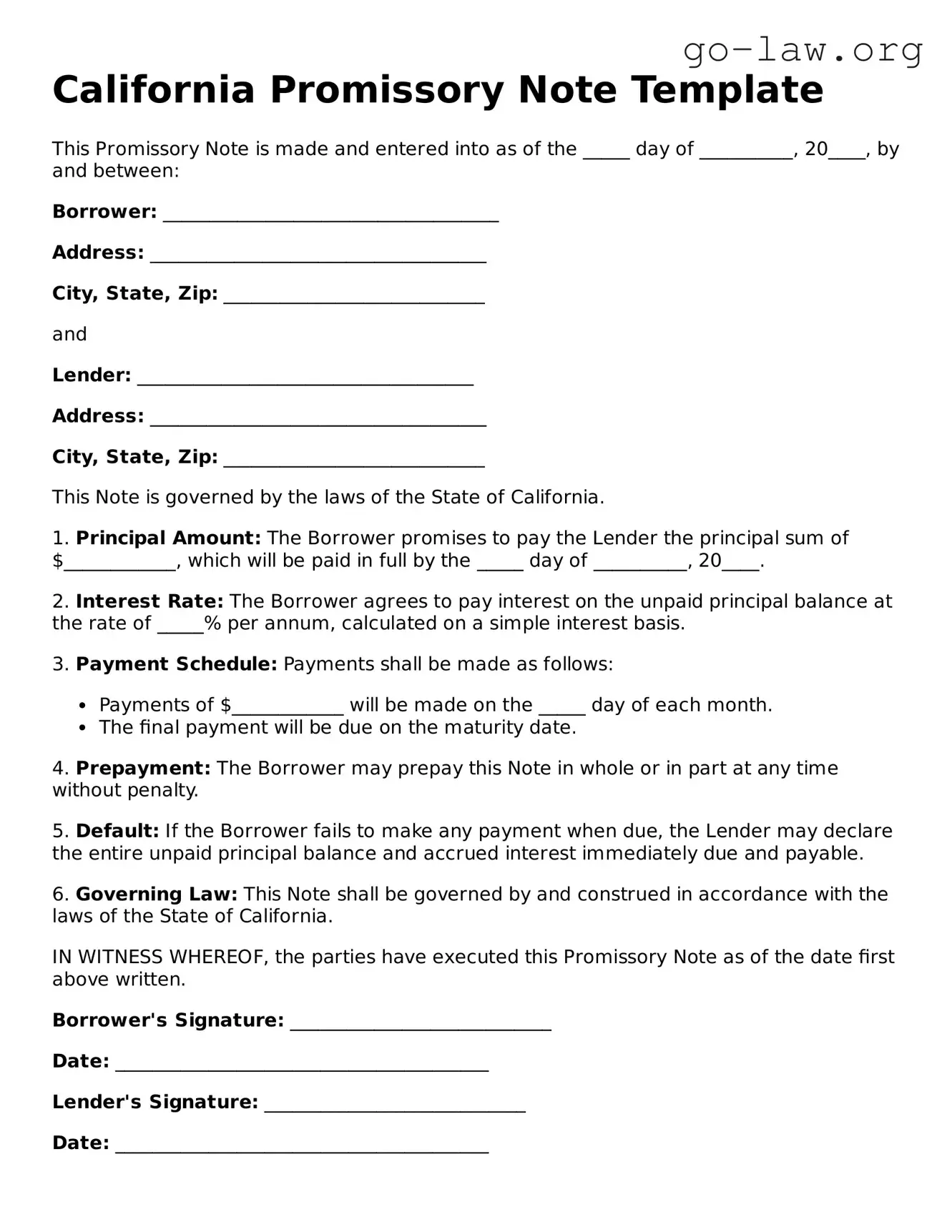 Fillable California Promissory Note Form