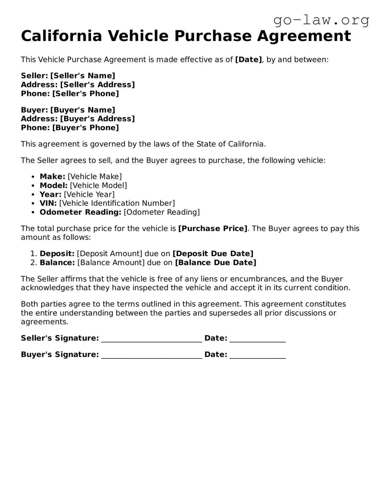 Fillable California Vehicle Purchase Agreement Form
