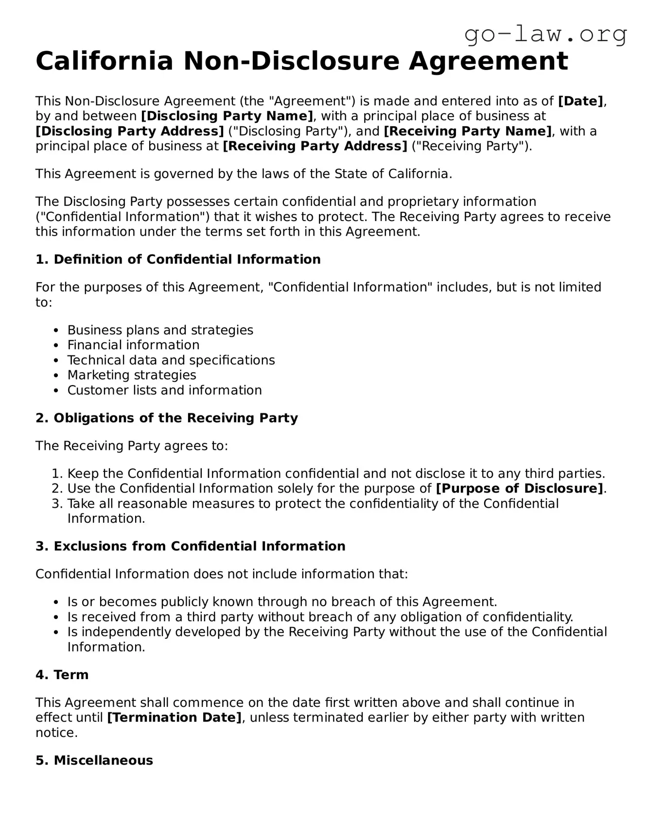 Fillable California Non-disclosure Agreement Form