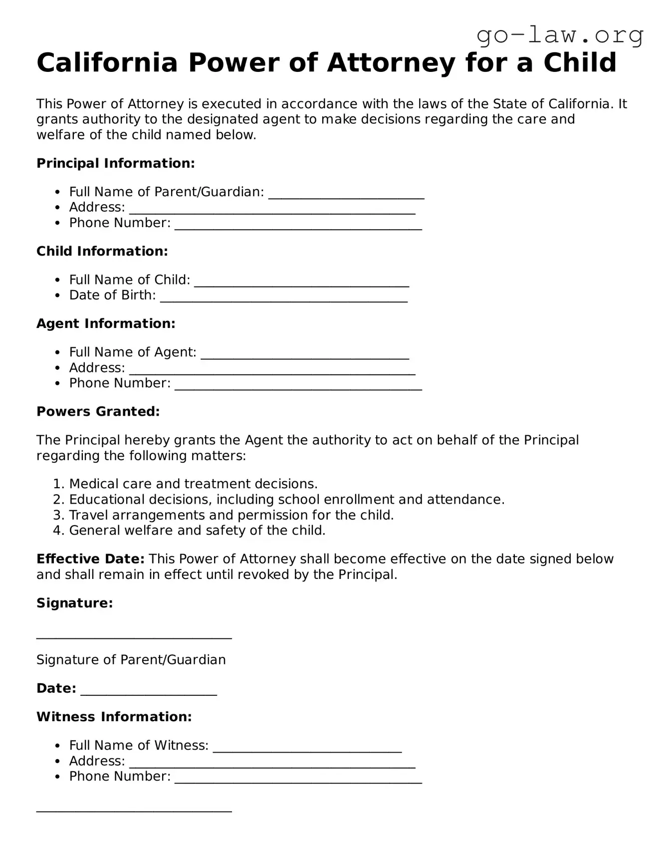 Fillable California Power of Attorney for a Child Form