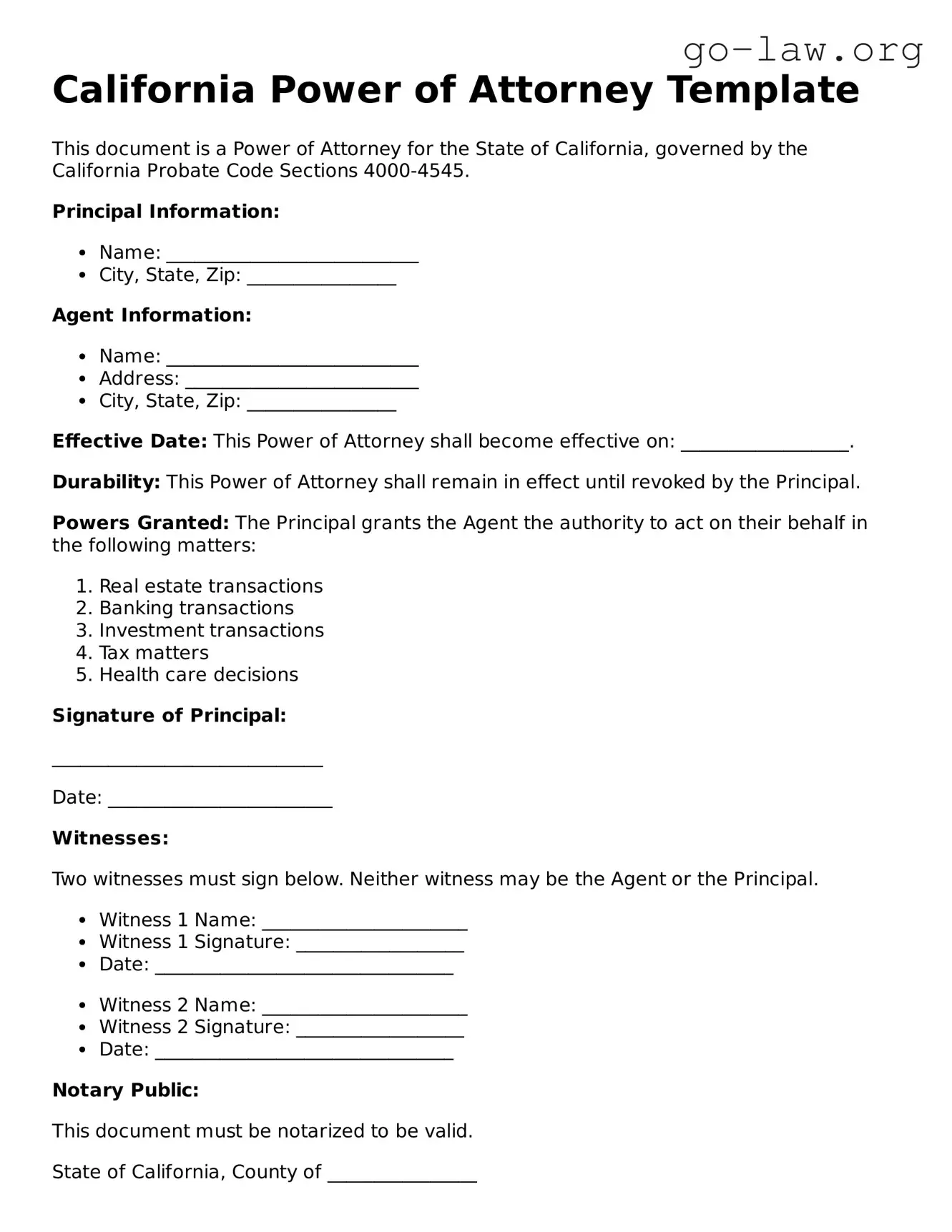 Fillable California Power of Attorney Form