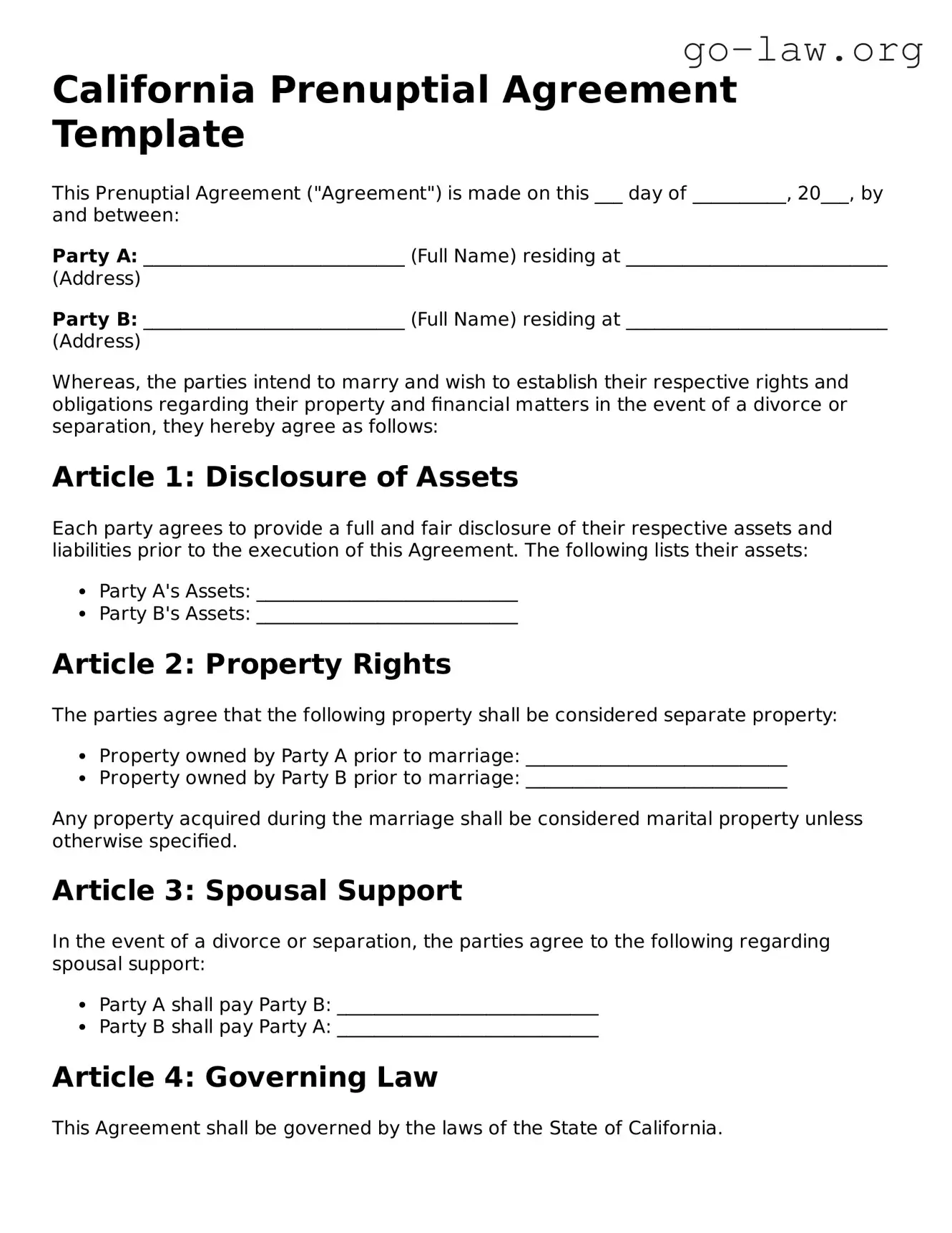 Fillable California Prenuptial Agreement Form