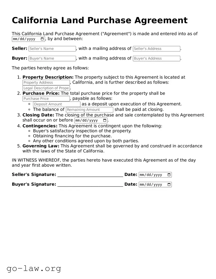 Fillable California Land Purchase Agreement Form
