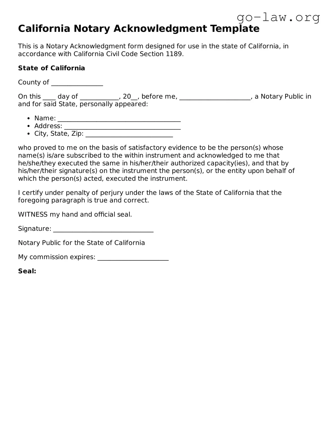 Fillable California Notary Acknowledgement Form