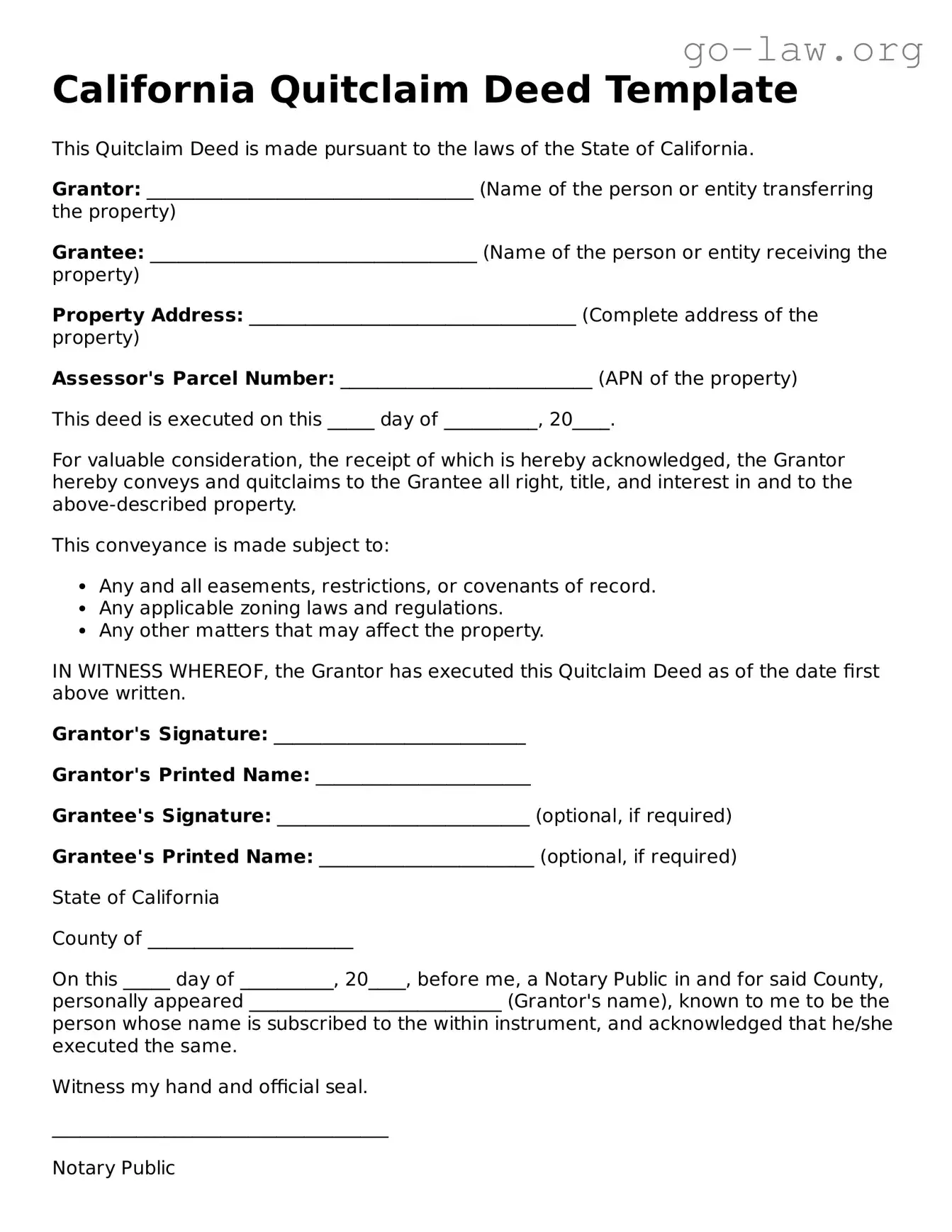 Fillable California Quitclaim Deed Form